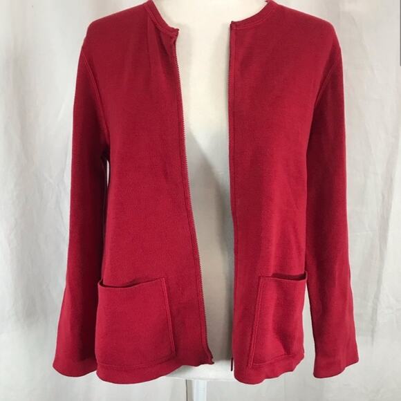 Eileen Fisher Red Knit Cotton Sweater Cardigan Front Zip Pockets Small - Picture 5 of 12